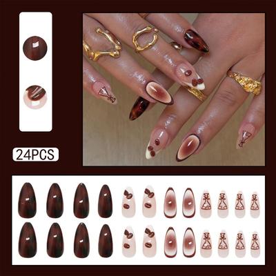 Medium Press On Nails Almond Fake Nails Brown French Tip Acrylic Nails Press On Gradient False Nails with Coffee Bean Designs Natural Reusable Stick