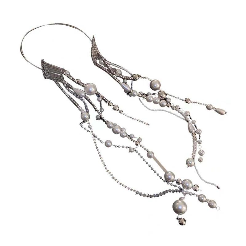 

Fashion Pearl Beaded Hair Hoop Long Tassels Headpiece Elegant Headband Wedding Bridal Headwear Statement Jewelry 1