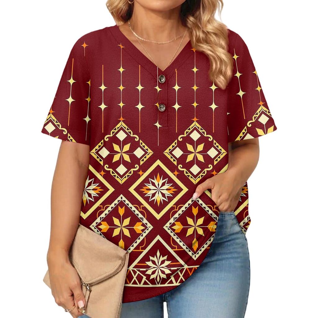 Women's Fashion Casual Printed V-Neck Short Sleeve Large Size T-Shirt Top