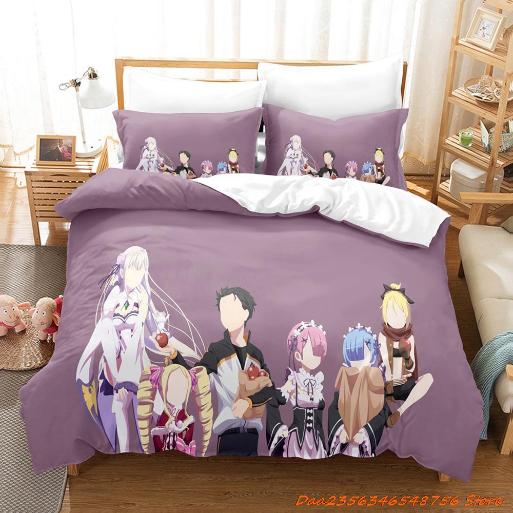 Comforter Re Zero Rem Ram Bedding Set Cartoon Anime Three-Piece Set Adult Kid Bedroom Duvet Sets 3D Kawaii Girl Twin Set
