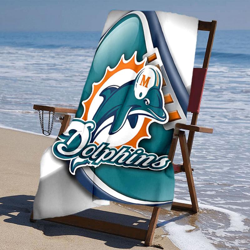 proof beach towel with Miami Dolphins logo pattern - soft,absorbent,quick-drying,machine washable - perfect for swimming,camping,bathing