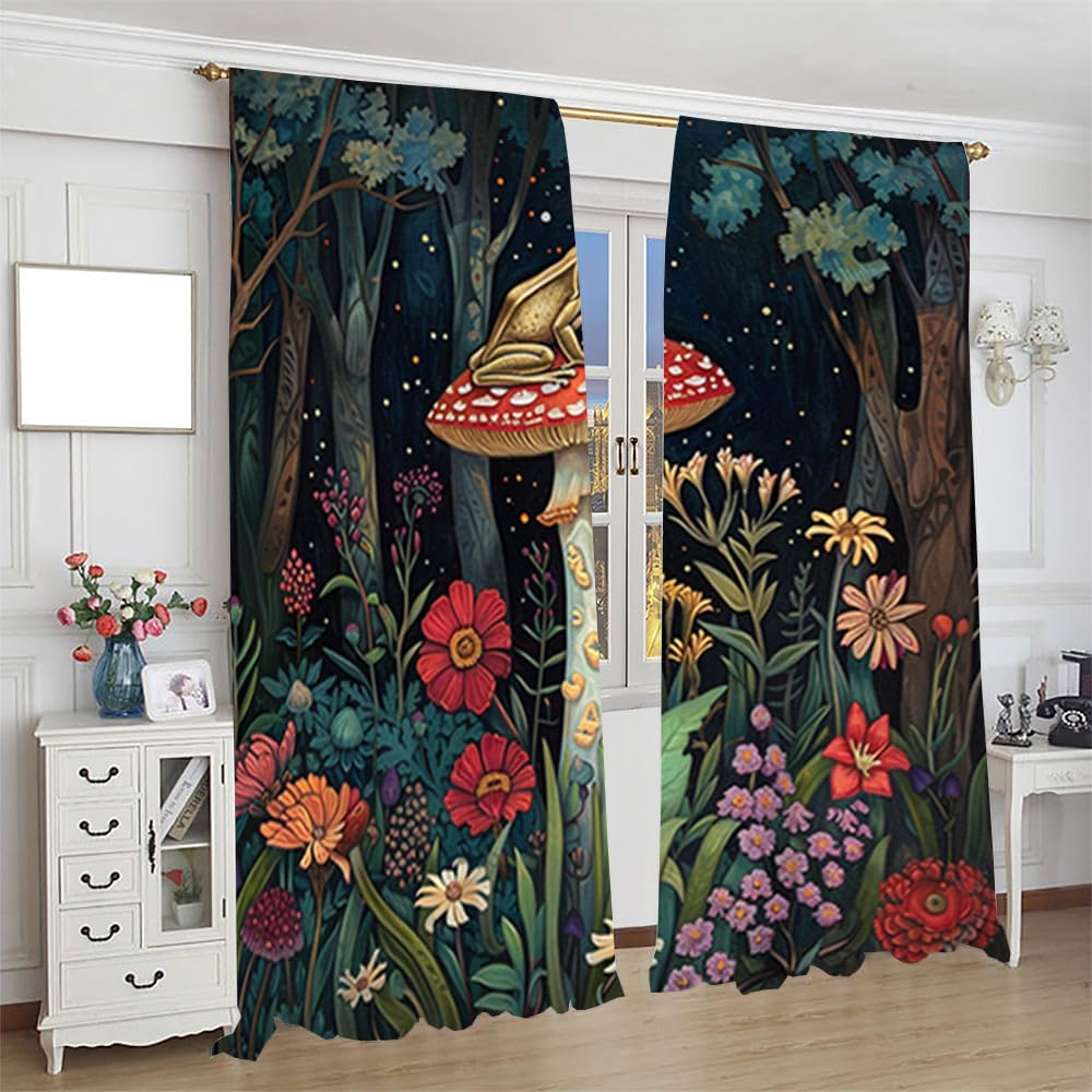 Vintage Rustic Mushroom Frog Blackout Curtains Watercolor Aesthetic Spring Forest Florals Animal Frogs Printed Perforated Curtai