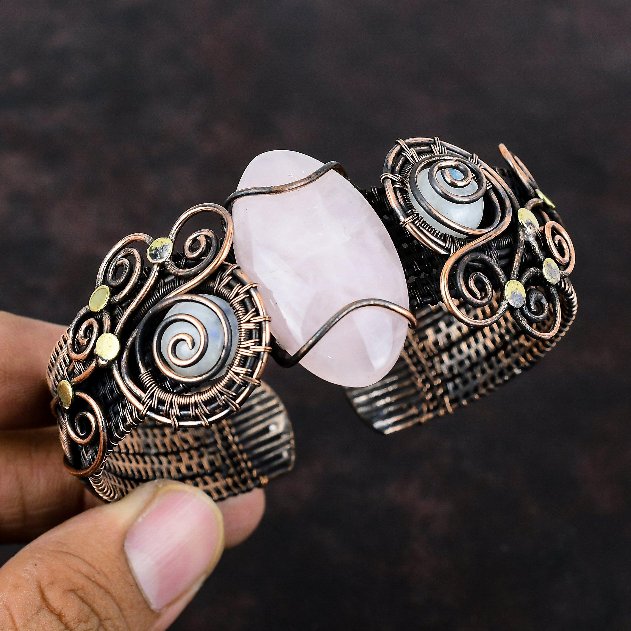 

Браслет-манжета из розового кварца, браслет из медной проволоки, браслет из лунного камня, регулируемая манжета, медный ювелирный подарок для нее, браслет из драгоценных камней ручной работы