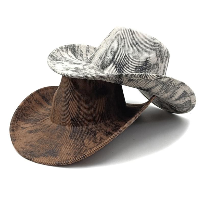 Vintage Textured Western Cowboy Hats Breathable Polyester Unisex Design Foldable Travel Hat Costume Accessory