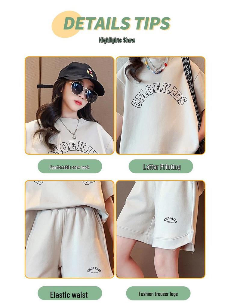 Summer 2025 Girls' Fashion Streetwear: Big Kids' Sporty Two-Piece Short-Sleeve Set