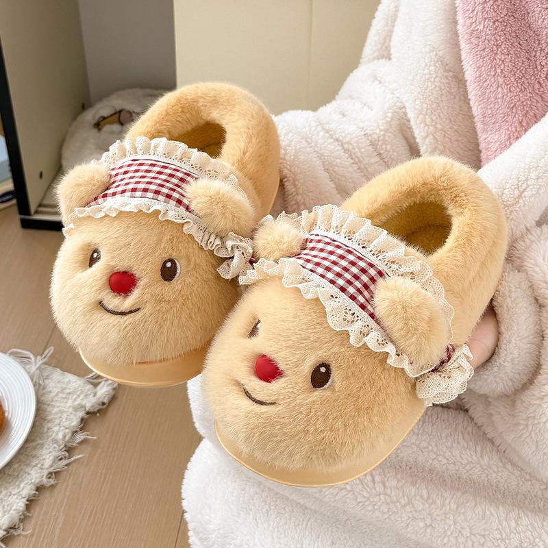 Butter bear cotton slippers cartoon cute plush thick bottom winter warm non-slip bag and slippers