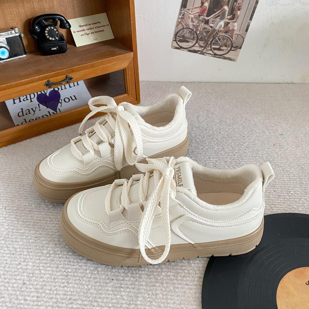 H1385 Samt Dicksohlige Weiße Schuhe Damenschuhe Warm Winter 2024 Neu Flachsohlige Vielseitige Board-Schuhe Lässige Baumwollschuhe