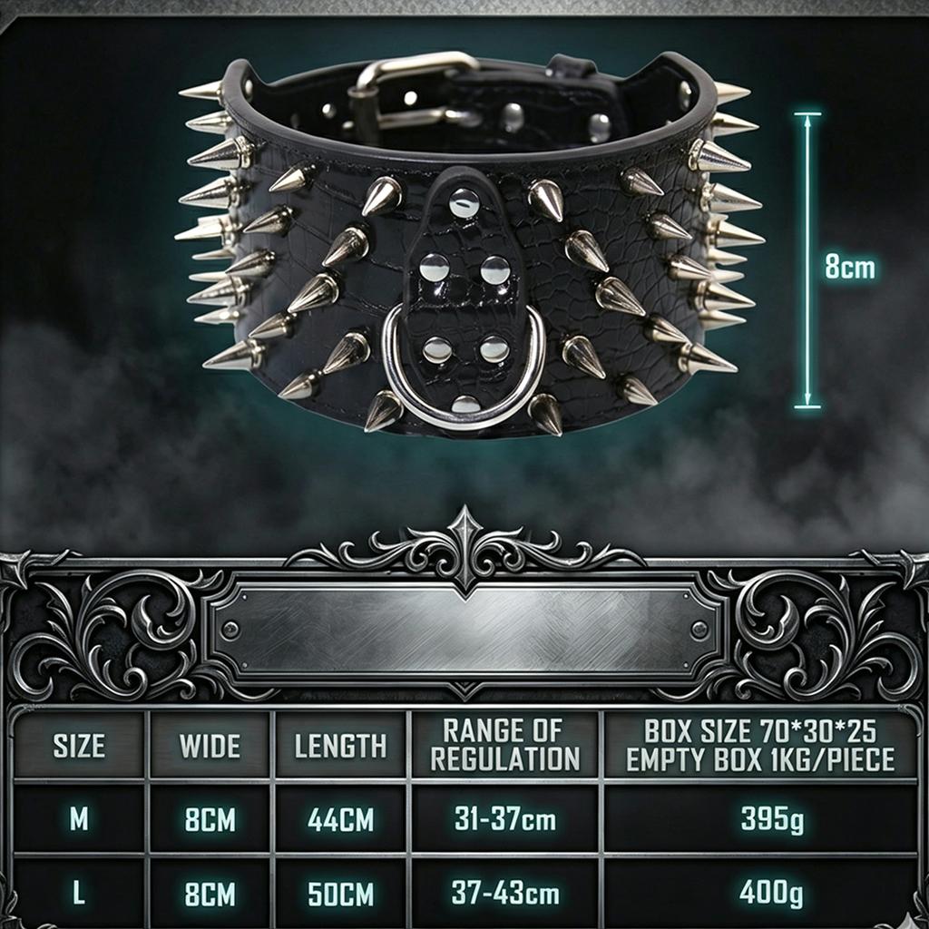 Anti-Bite PU Leather Dog Collar with Studded Reinforcement Heavy-Duty Spiked DecorativePet Collar for Large Aggressive Chewers