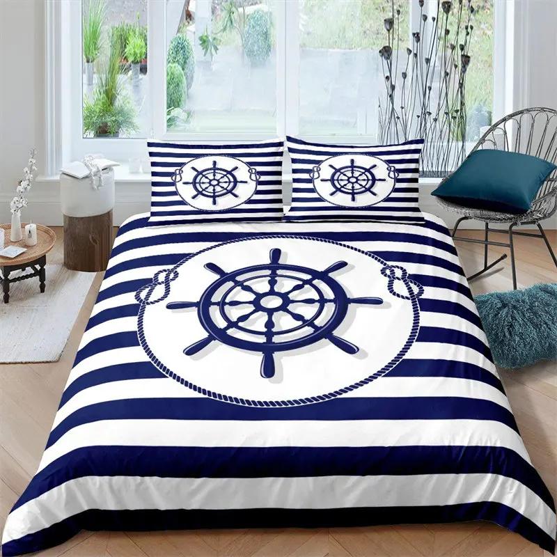 3Pcs Single-Sided Printed Bedding Set ,Comforter Pirate Sailboat Duvet Cover Ocean Bedding Cover Pillows Comfortable Bedspreads