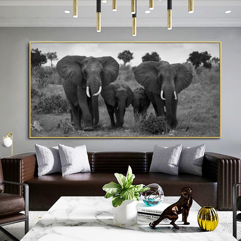 Black and White Animals Poster Print Wall Art Canvas Painting African Wild Elephant Family Picture On the Wall Home Decoration