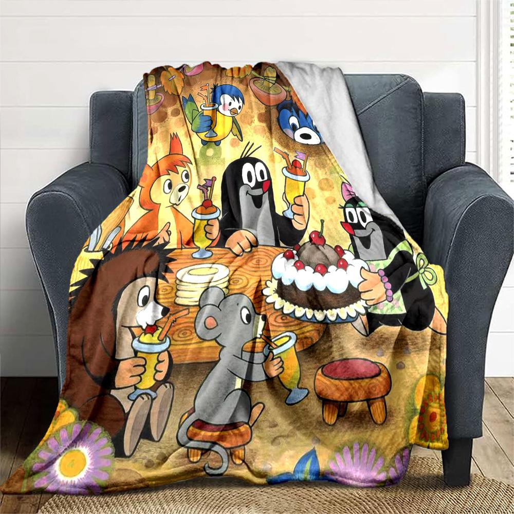 Little Mole Cartoon Animal Party Scene Print Flannel Blanket Soft Warm Throw Blanket for Sofa Bed Living Room