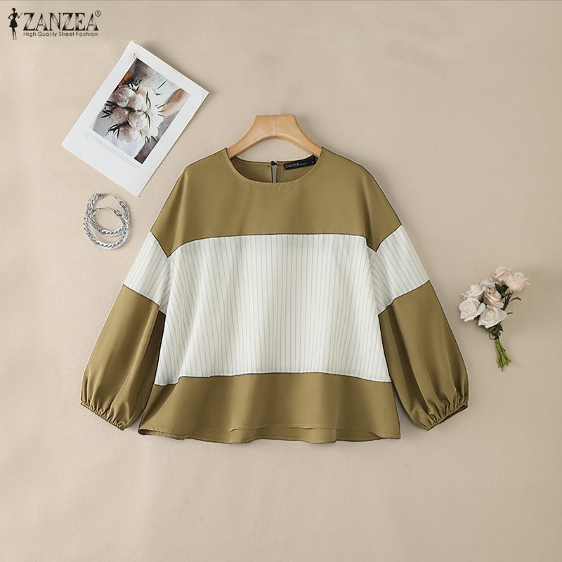 ZANZEA Women Casual Round Neck Loose Stripe Patchwork 3/4 Sleeve Blouse