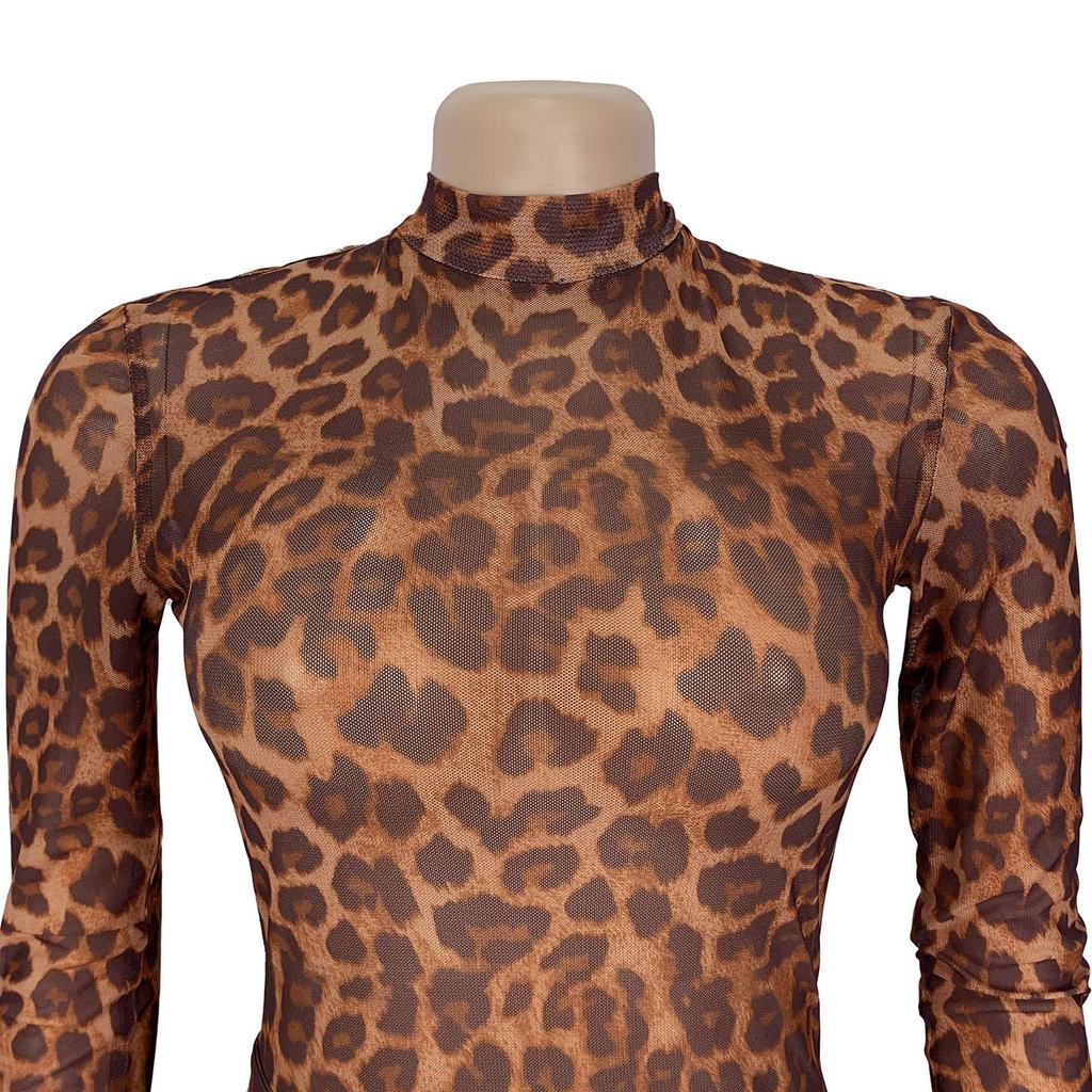 Women's Sexy Leopard Print Long Sleeve Split Dress