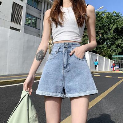 Klassische und minimalistische Mode Vielseitige Damen High Waist Sommer Skinny Rolled Edge Loose A-Linie Weites Bein Außentragejeansshorts Individualität