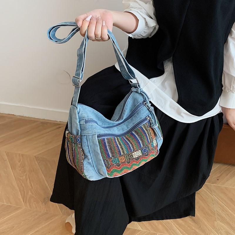 Vintage Denim Embroidered Tote Bag Women's Large Capacity Shoulder Handbag