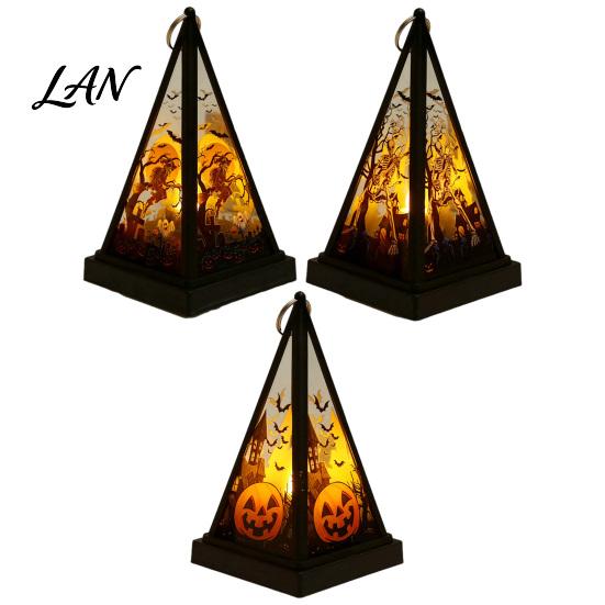 Vintage Style Table Lamp Halloween Lantern LED Candle, Spooky Pumpkin Witch Tabletop Decor with Retro Triangular Wind Metal Hanger, Electronic