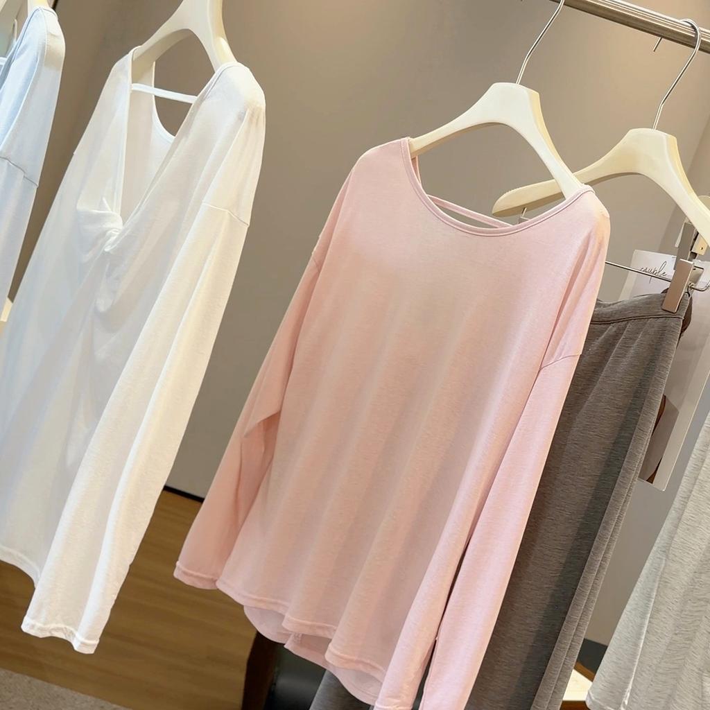 Women's Crew Neck Long Sleeve T-Shirt Loose Fit Korean Leisure Cover Up Top Solid Color Back Twist Knotted Sun Protection Blouse