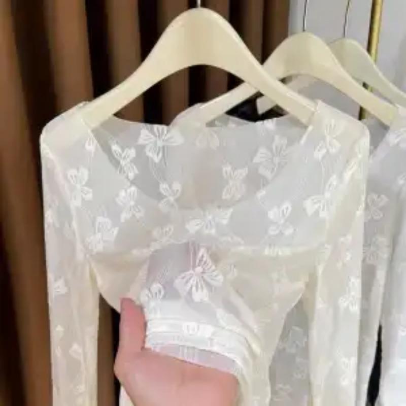 Womens Square Neck Floral Embroidered Sheer Mesh Long Sleeve Top Casual Blouse