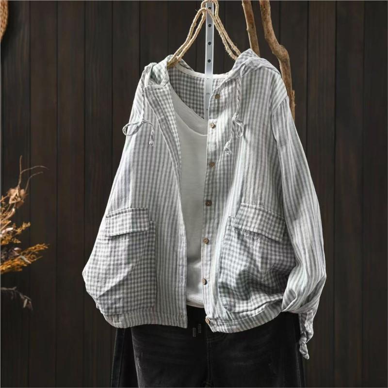 Johnature Women Vintage Hooded Shirts Striped Long Sleeve Patchwork Pockets Autumn Casual Female Blouses