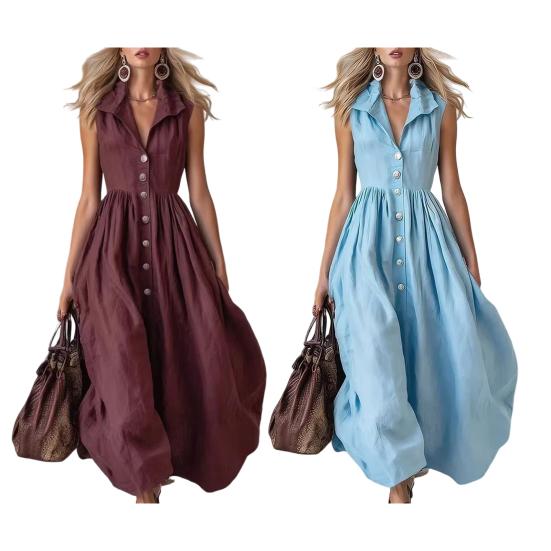 Summer Maxi Shirt Dress for Women Sleeveless Button Down Lapel Long Dress Beach Vacation A-line Flowy Sundress with Pockets