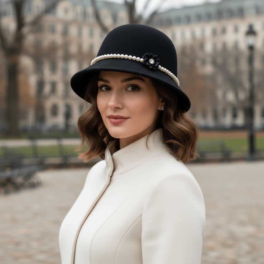 Pearl Flower Topper Hat Solid Color Woolen Bucket Hat Elegant Fisherman Hat  Girl