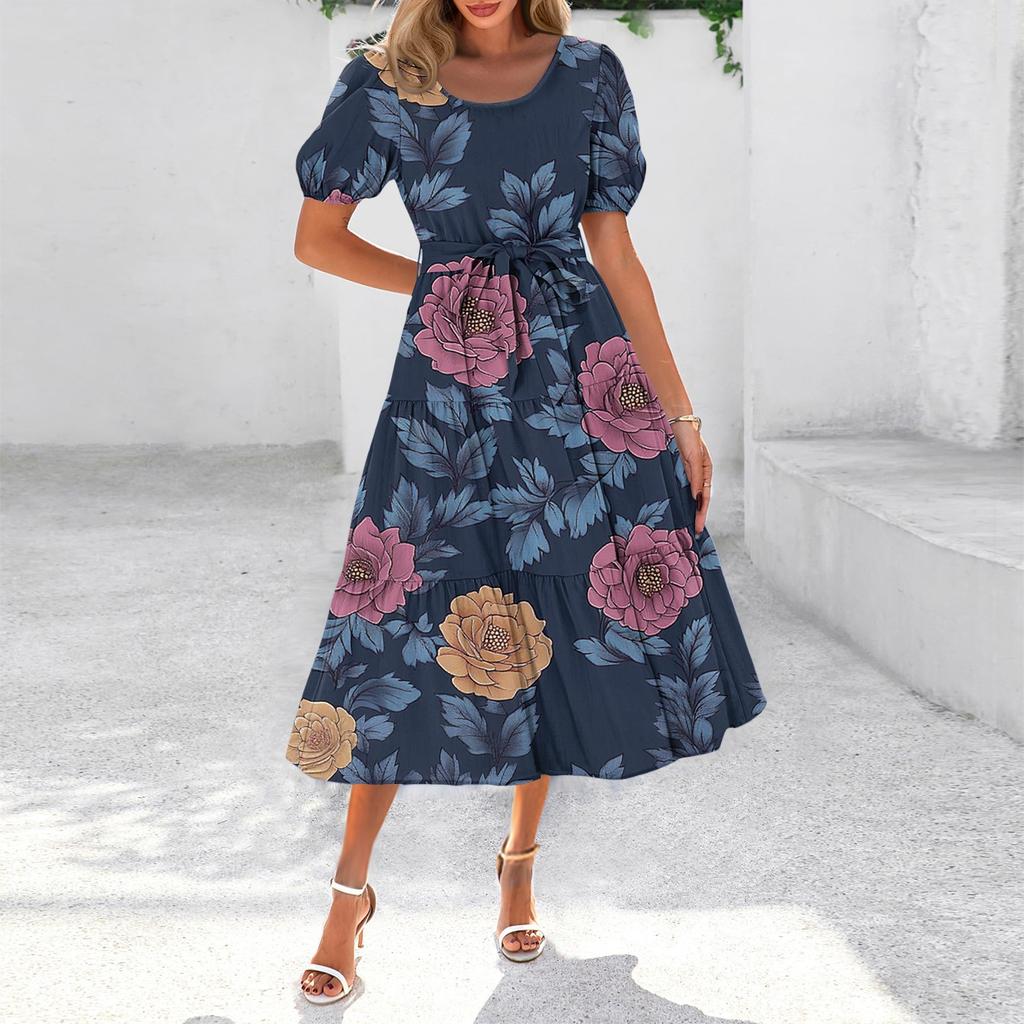 Women's Summer Short Sleeve Round Neck Waistband Bohemian Flowy Layered Maxi Dress With Pockets