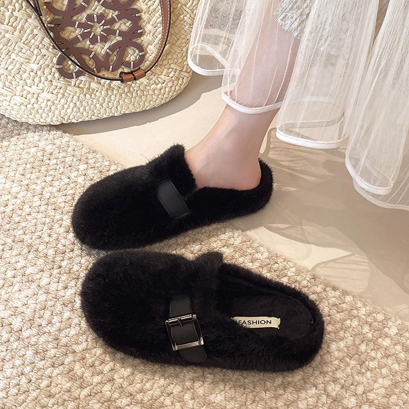 French Flat-bottomed Fluffy Slippers for Women's Outer Wear 2025 Autumn and Winter New Models Are Great-looking, One Pedal, Velvet Mary Jane Cotton M