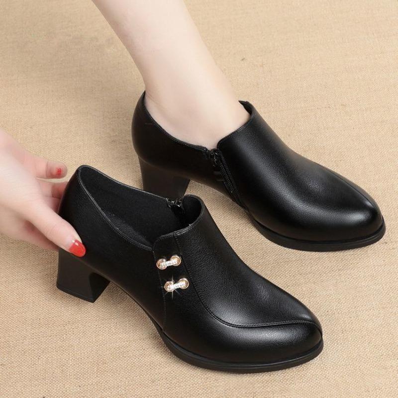 Single Shoes with Soft Leather Soles and Soft Leather Uppers, Women's Shoes with Thick Heels, Leather Shoes