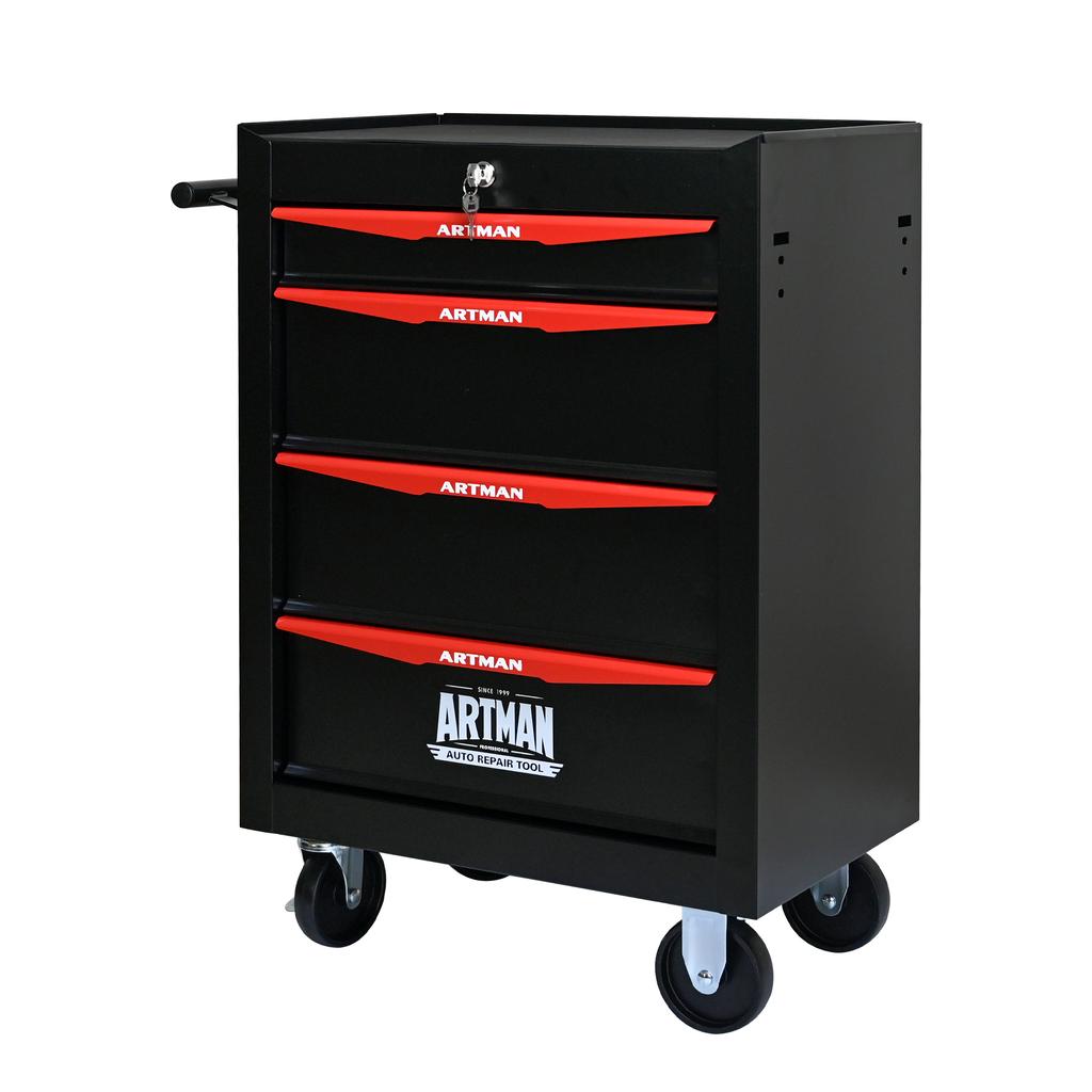 Mobile Metal Tool Cabinet with 4 Drawers, 508 mm (20 Inch), and Ball-Bearing Drawer Slides, Organizing Steel Tool Box – Black-Red