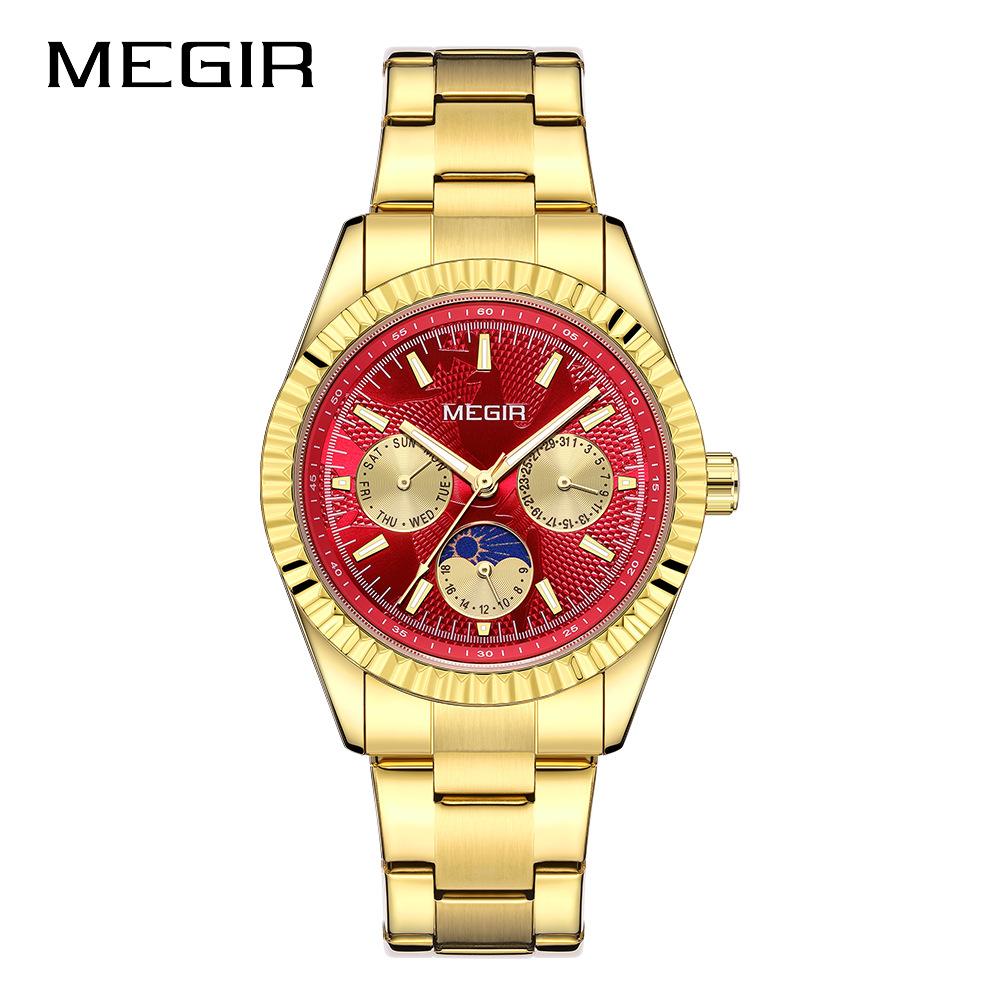 

MEGIR Men s Quartz Watch with Stainless Steel Strap Fashion Business Style Wristwatch with Day Date 24-Hour Moon Phase Function золотой/красный