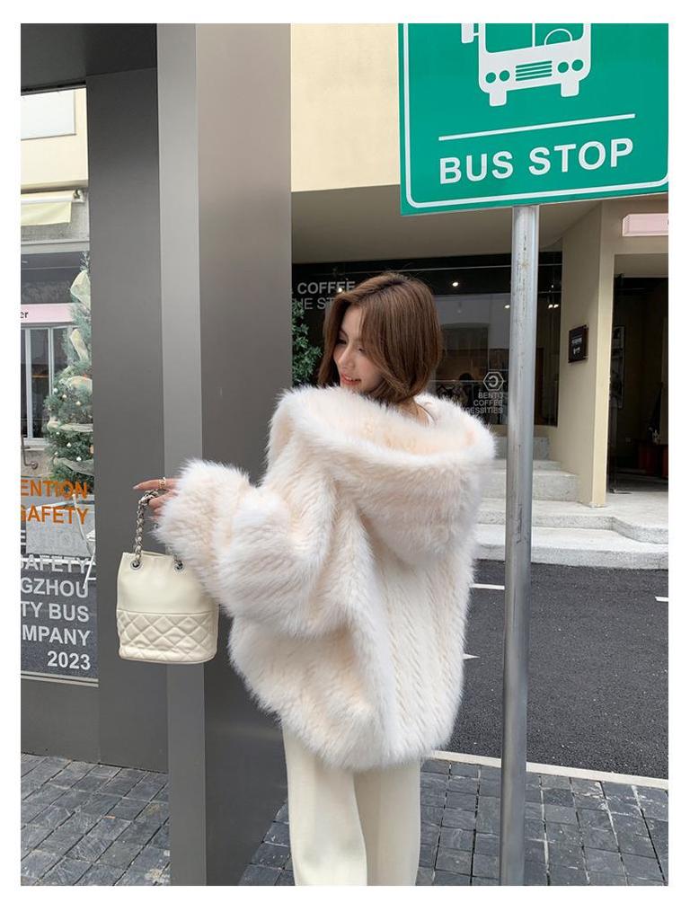 European and American Winter Plush Hooded Coat for Women - Plus Size, Loose Fit, Fluffy Fur Design.