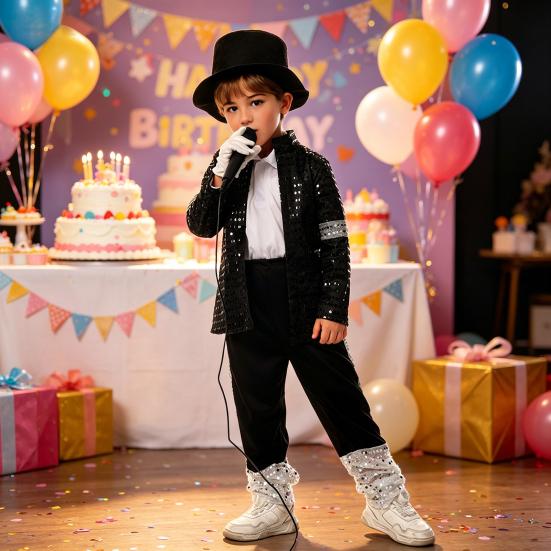 Musician Halloween Costume Set for Kids, Black Sequin Jacket, Trousers, Hat, Gloves, 80s 90s Retro Stage Outfits for Disco Party, Fancy Dress