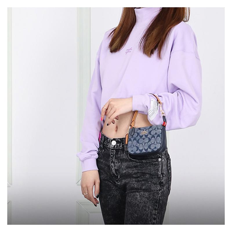 COACH clutch bag Nolita 15 Metal Logo Chambray Presbyopia Printed All Over Signature Chambray and Smooth Leather Mahjong Underarm Shoulder Small