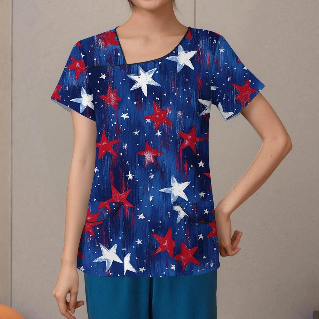 Dámské módní pracovní oděvy s krátkým rukávem a dvojitými kapsami