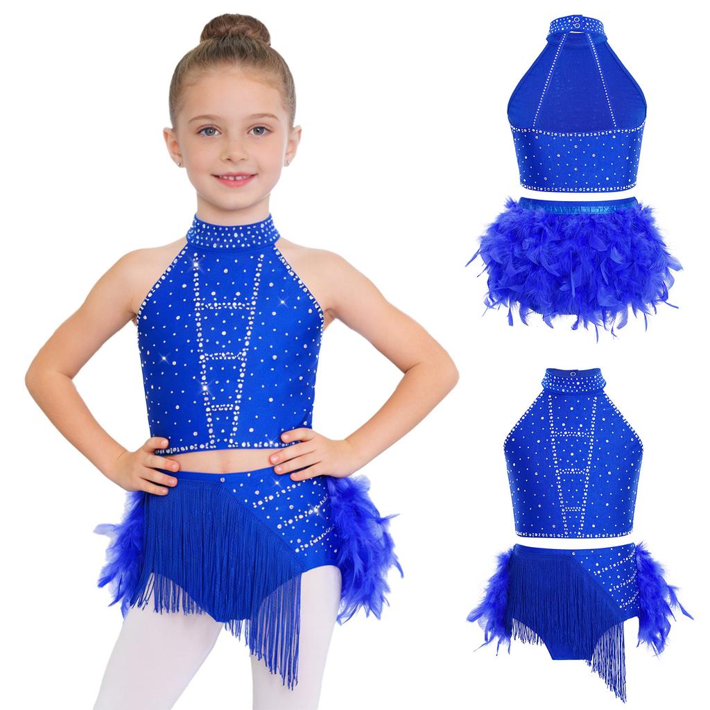 Kids Girls Latin Dancewear Halter Sleeveless Strappy Back Crop Top with Elastic Waistband Tassels Feather Skirt for Samba Rumba Cha-Cha Show