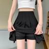 Women's Black High-Waist Pleated Skirt: Summer 2025 Collection, Slimming Academy Style with Pocket Design, Half-Length Short Skirt.