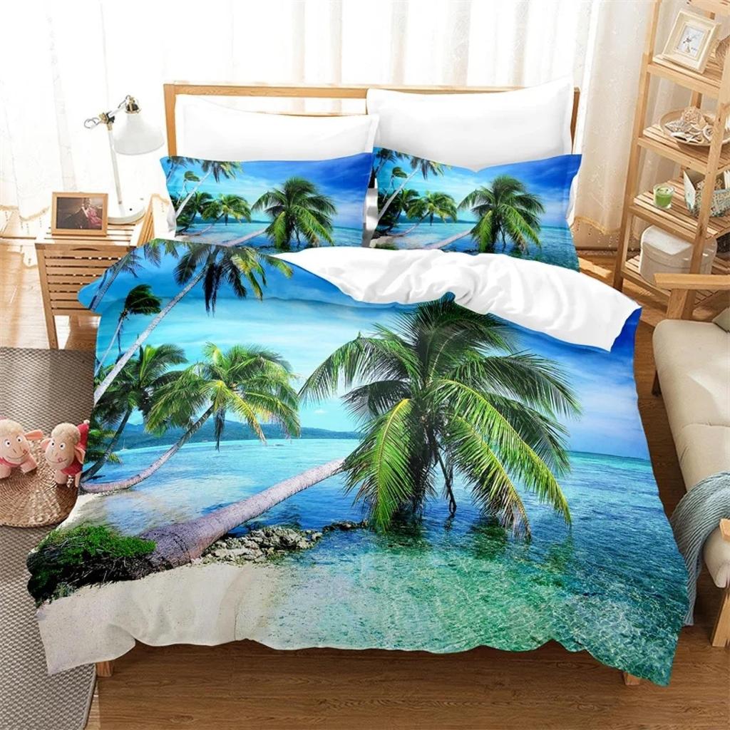 Comforter Coconut Trees Vintage Red Flower Hawaiian Tropical Leaves Comforter Palm Tree Bedding Set With