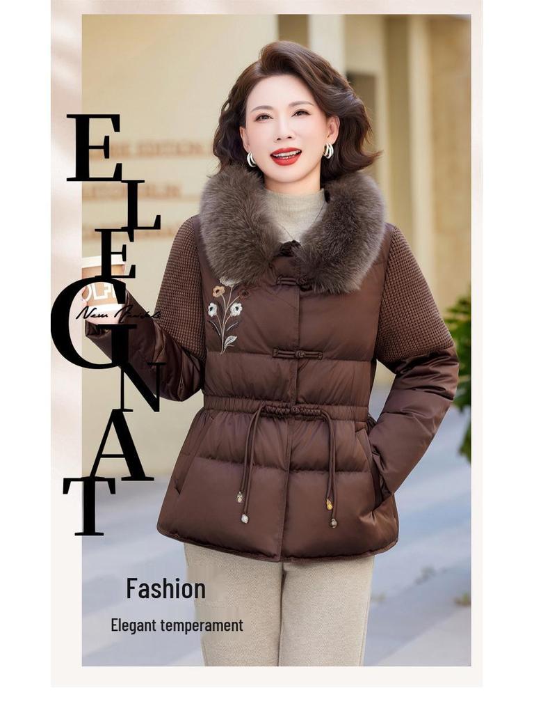 Mom's Winter Fashionable Embroidered Down Jacket with Wool Collar for Middle-Aged and Elderly Women