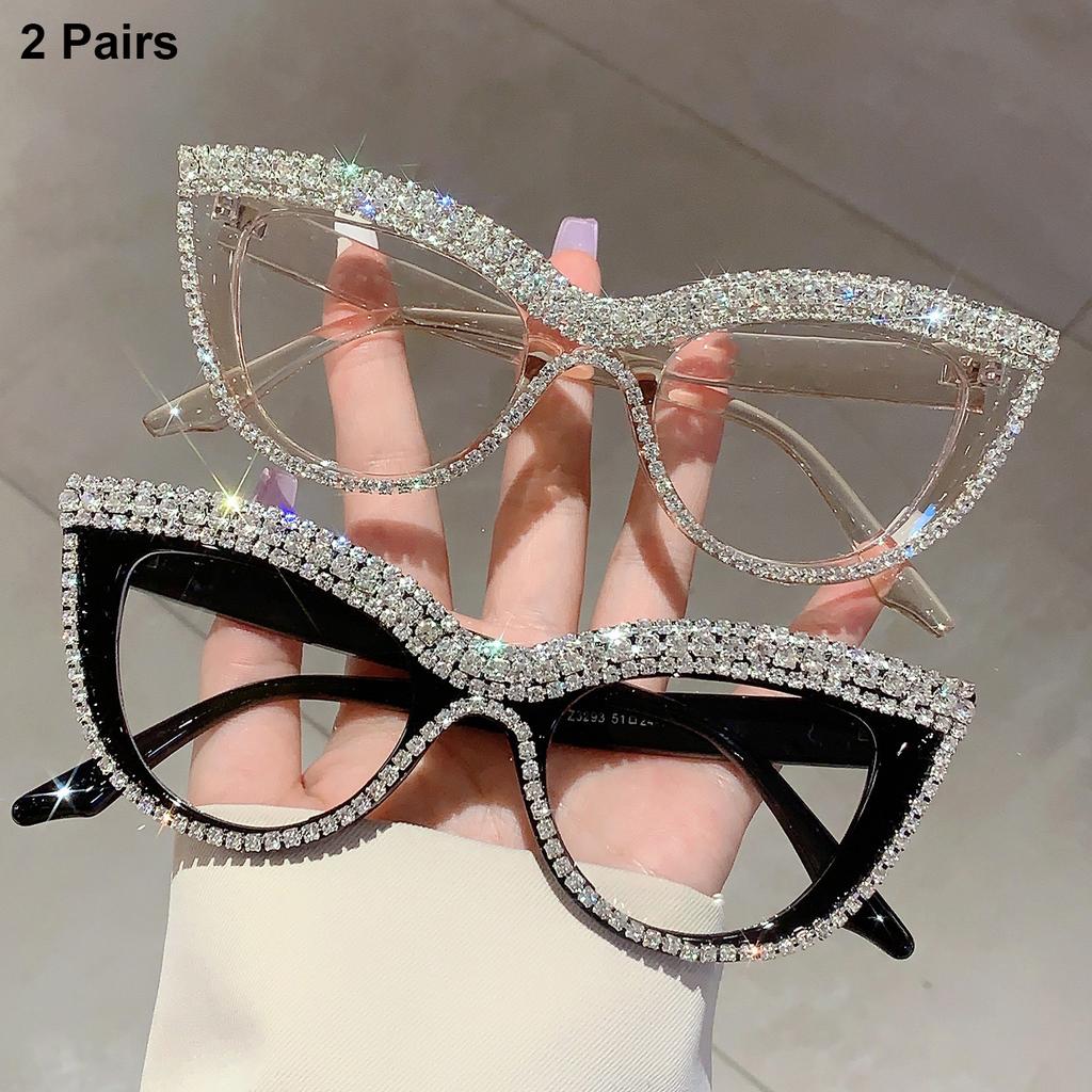 2 Pairs Per Set Cat Eye Glasses with Rhinestones Women Fashion Brand Design Optical Frames Trendy Chic Casual Decor Eyeglasses