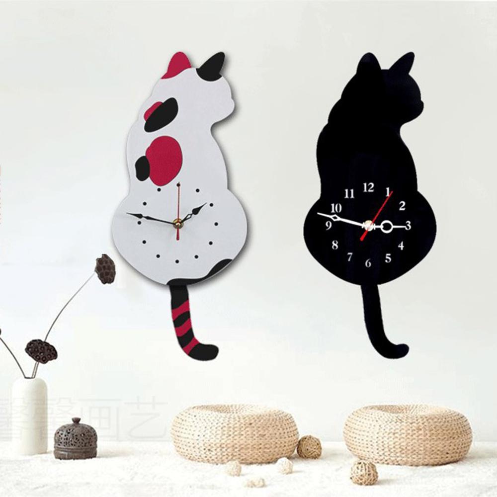 Cute Wagging Tail Cat Dog Design Wall Clock Kids Bedroom Wall Decoration Unique Gift Creative Cartoon Mute DIY Wall Clocks