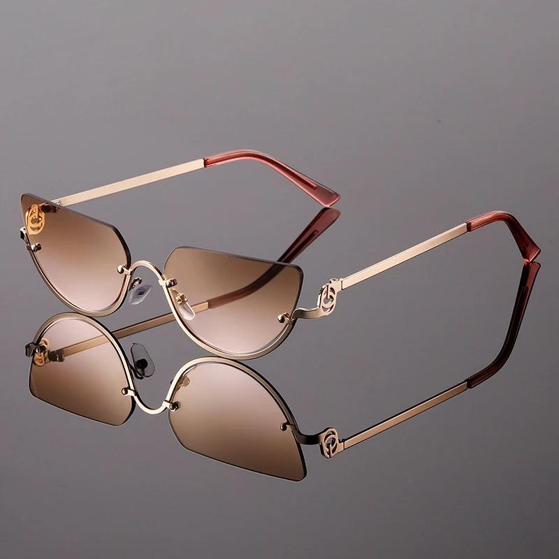 Fashion Retro Semi-Rimless Oval Shades Women'S New Trendy Korean Style Travel Sunglasses Punk Metal Cat Eye Sunglasses Uv400