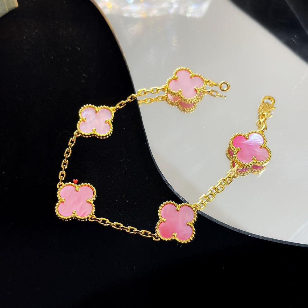 Bracelet Trèfle à Quatre Feuilles Version Haute Cinq Fleurs Calcédoine Violette Naturelle Gravé Laser CNC 18K Ne Se Décolore Pas Bracelet pour Dames