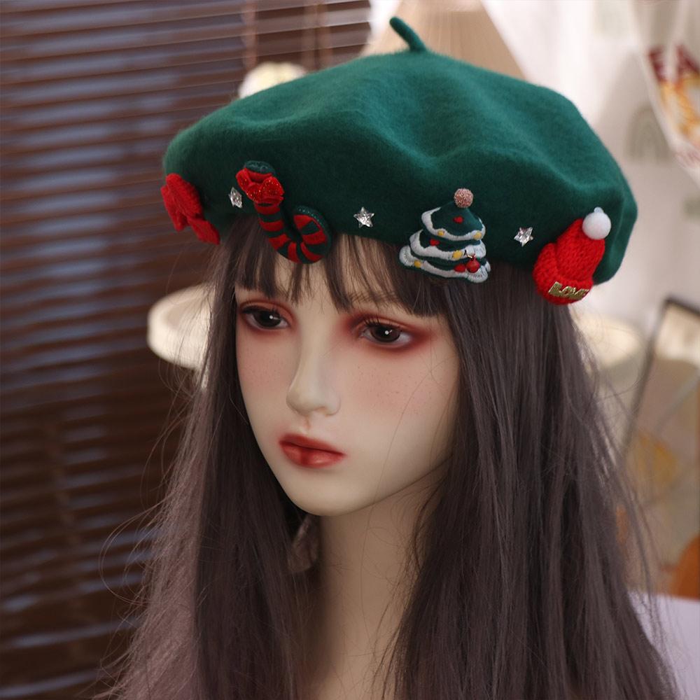 Sweet Christmas Beret Hat Red Green Xmas Painter Hat Fashion Christmas Beret Cap  Girls