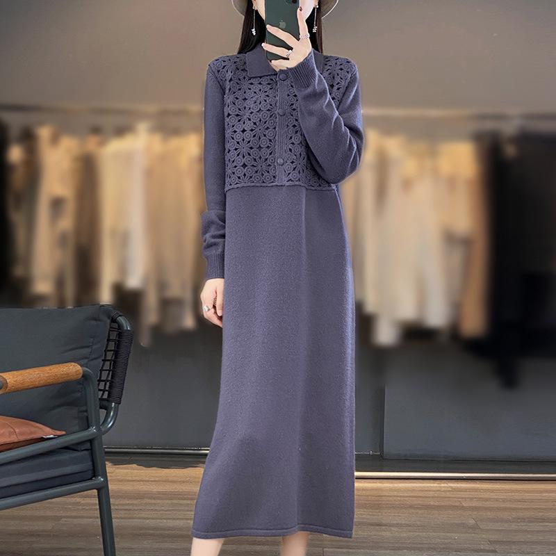 Floral Patchwork Crochet Shirt Collar Australian Wool Retro Long Skirt for Women - 2026 New Style.