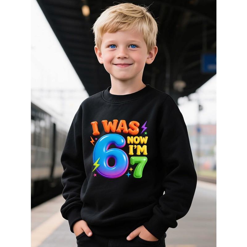 Kids Unisex Crewneck Sweatshirt, I Was 6 Now I'm 7 Rainbow 3D Number Lightning Star Print Long Sleeve Pullover, Sweatshirts for Boys Girls Ages 4+