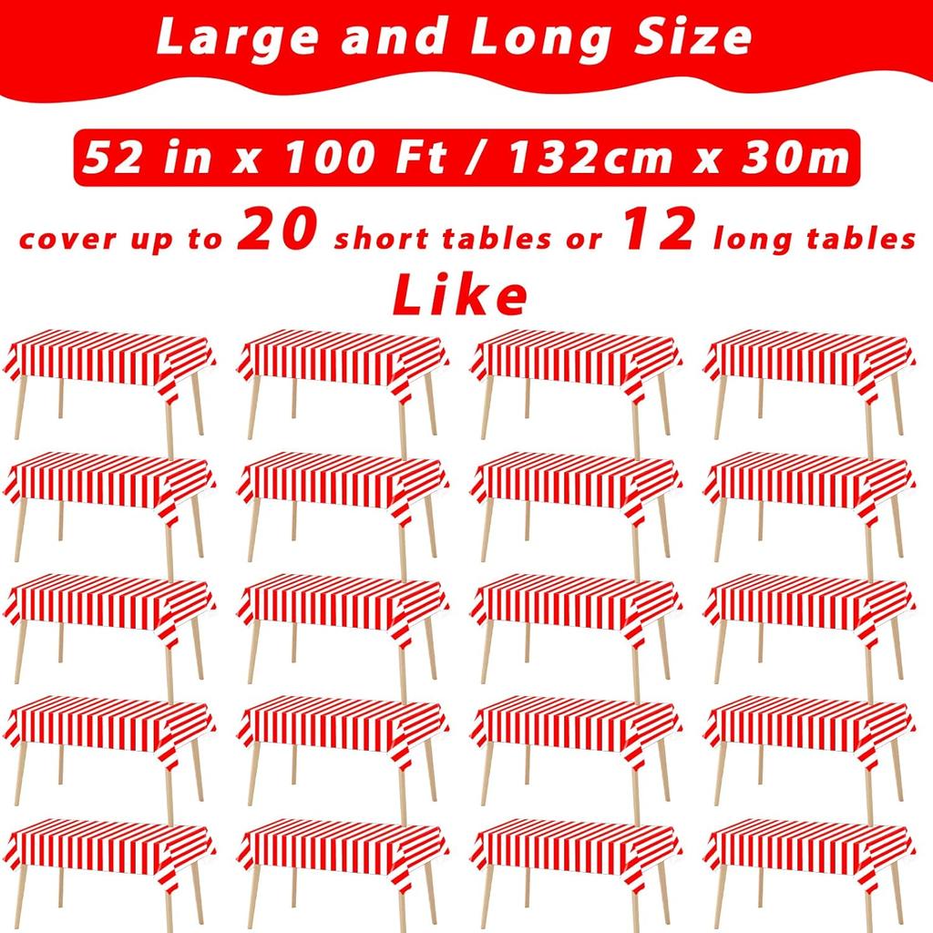 Red and White Striped Tablecloth Roll 52 in x 100 Ft with Slide Cutter Circus Carnival Party Supplies Halloween Christmas Plastic Picnic Table Cover