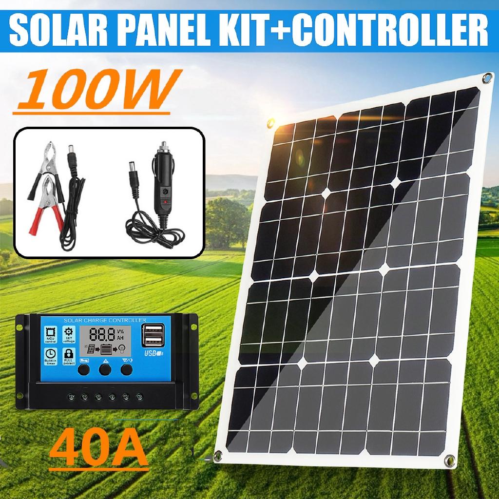 100W 18V Solar Panel+Controller Monocrystalline USB interface Car Ship Outdoor Camping Emergency Phone Charger w/Charger