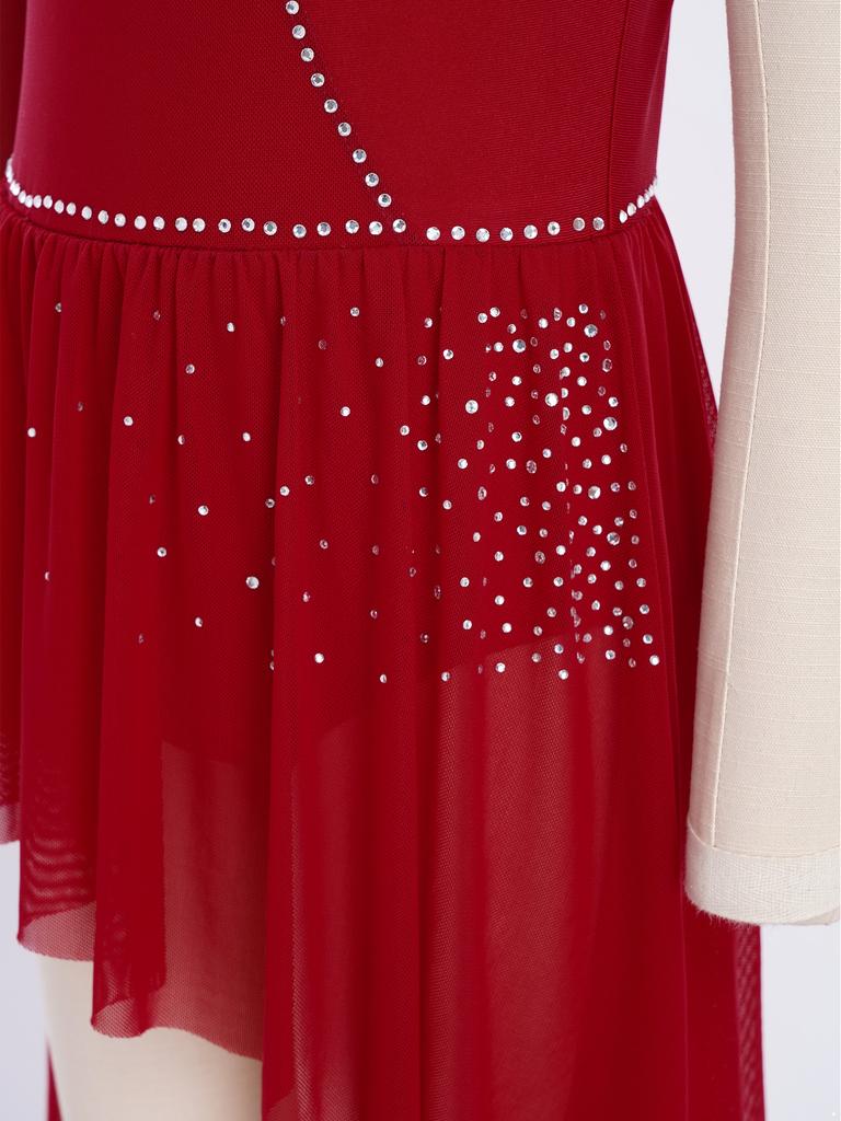 Children’s Dance Dress One Shoulder Long Sleeve Mesh Patchwork Spaghetti Straps Irregular Hem Asymmetrical Style for Lyrical Routine