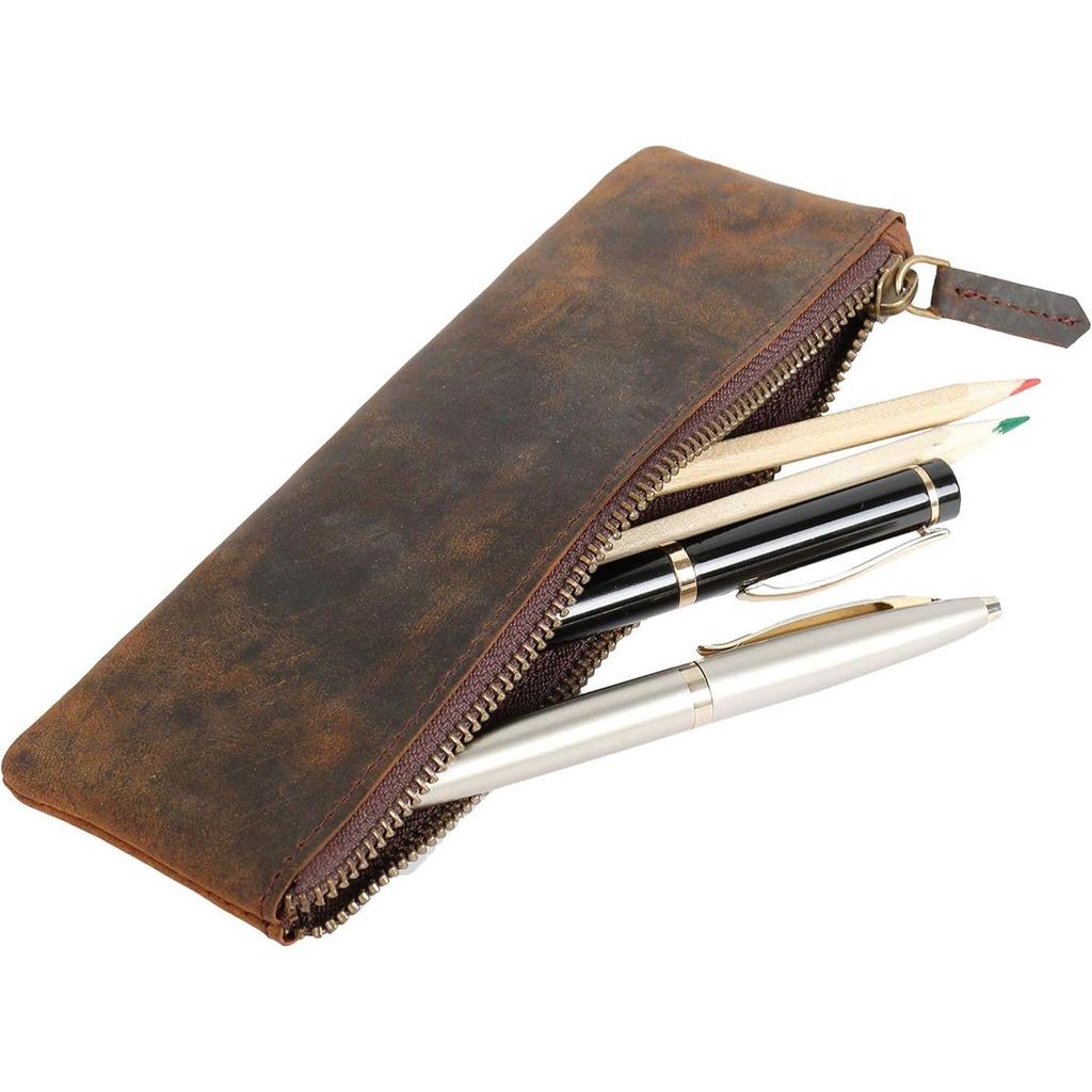 Leather Pen Pencil Case, Zip Pouch, Accessories Holder, Stationery Bag, Classic Handmade Design (Vintage Brown)