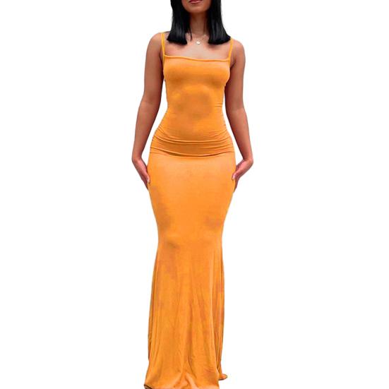 Women Sling Dress Sleeveless Square Collar Slim Fit Floor Length Dress Solid Color Office Party Wedding Sexy Dress